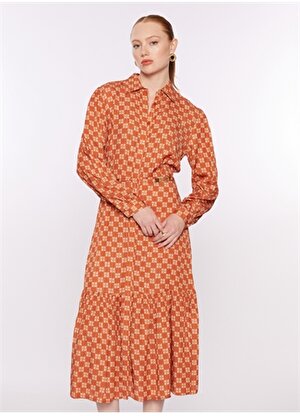 Pierre Cardin Gömlek Yaka Geometrik Desenli Kırmızı Uzun Kadın Elbise EKAY