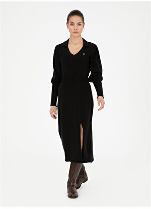 Pierre Cardin V Yaka Düz Siyah Uzun Kadın Elbise FIOR-E