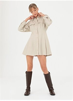 Pierre Cardin Gömlek Yaka Düz Bej Mini Kadın Elbise TUFFALO-E