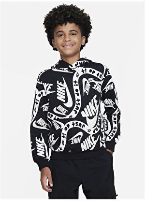 Nike Çocuk Siyah - Beyaz Kapüşonlu Sweatshirt FD3168-010 K CLUB FLC  PO HOODIE  