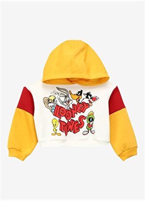Never Say Never Kız Çocuk Sarı - Kırmızı Kapüşonlu Oversize Düz LOONEY TUNES  Sweatshirt