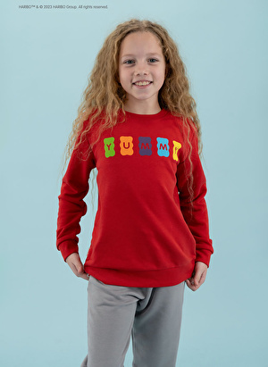 Haribo Kırmızı Kız Çocuk Bisiklet Yaka Sweatshirt HRBTXT309  