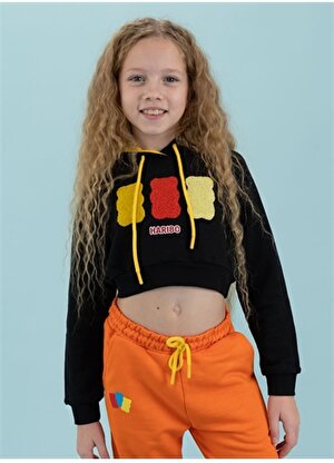 Haribo Siyah Kız Çocuk Kapüşonlu Cropped Fit İşlemeli Sweatshirt HRBTXT311