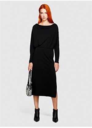 Sisley Siyah Kadın Kayık Yaka Uzun Kollu Elbise 42HPLV04L  