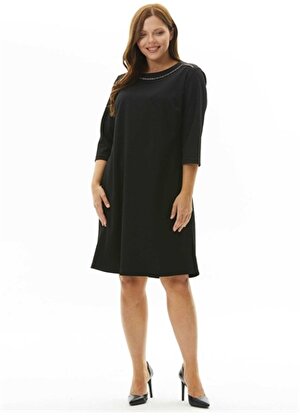 Selen Kare Yaka Desenli Siyah Standart Kadın Elbise 23KSL7362