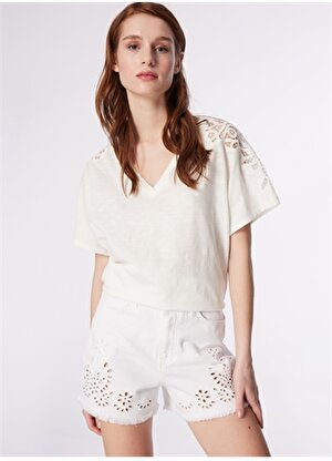 Fabrika Comfort Kırık Beyaz Kadın V Yaka Geniş Fit T-Shirt FC4SL-TST0287