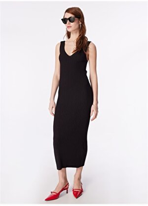 Fabrika Comfort Siyah Kadın V Yaka Elbise FC4SL-ELB0513 