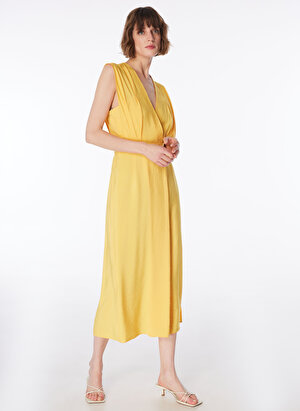 Fabrika Kruvaze Yaka Düz Sarı Midi Kadın Elbise F4SL-ELB0202