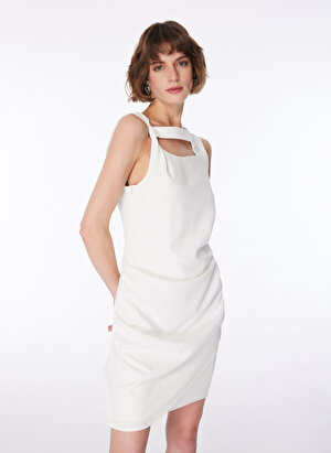 Fabrika Kayık Yaka Düz Beyaz Mini Kadın Elbise F4SL-ELB0318