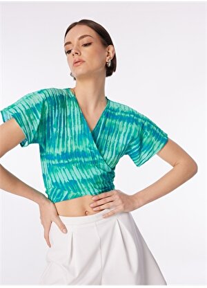 Fabrika Yeşil - Çok Renkli Kadın V Yaka Crop Bluz F4SL-BLZ0836