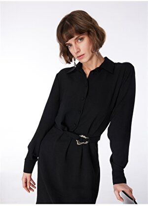 Fabrika Gömlek Yaka Düz Siyah Mini Kadın Elbise F4SL-ELB0858