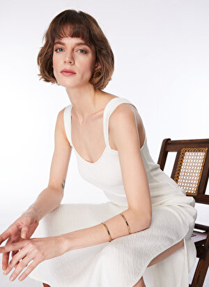 Fabrika U Yaka Crinkle Beyaz Midi Kadın Elbise F4SL-ELB0127