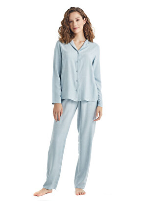 Blackspade Gömlek Yaka Jakarlı Açık Mavi Kadın Pijama Takımı 51221