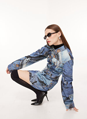 Moschino Jeans Gömlek Yaka Desenli Çok Renkli Diz Üstü Kadın Elbise A0413