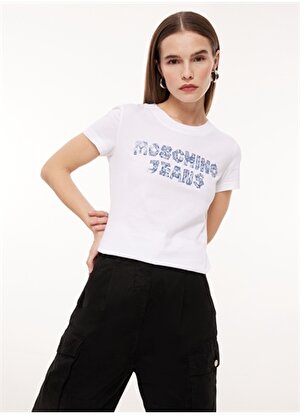 Moschino Jeans Bisiklet Yaka Baskılı Beyaz Kadın T-Shirt A0701