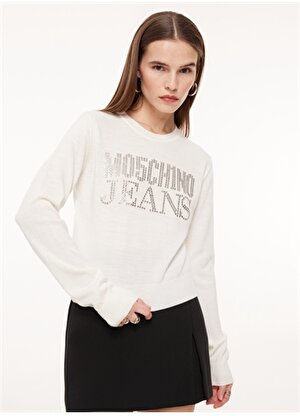 Moschino Jeans Beyaz Kadın Bisiklet Yaka Baskılı Sweatshirt A0908