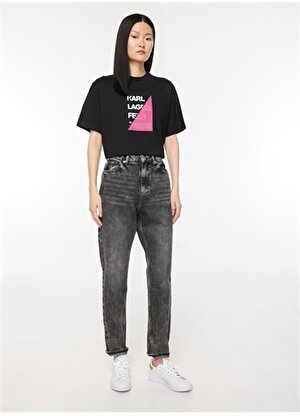 Karl Lagerfeld Jeans Bisiklet Yaka Baskılı Siyah Kadın T-Shirt 236J1710