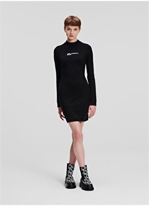 Karl Lagerfeld Jeans Yarım Balıkçı Yaka Düz Siyah Uzun Kadın Elbise 236J1309