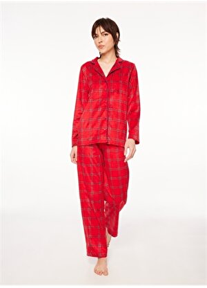 Marks & Spencer V Yaka Kareli Kırmızı Kadın Pijama Takımı 4546F