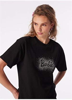 Barbie Siyah Kız Çocuk Bisiklet Yaka Relaxed Taşlı T-Shirt BRB4SL-TST6052