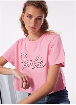 Barbie Pembe Kız Çocuk Bisiklet Yaka Crop Payetli T-Shirt BRB4SL-TST6059