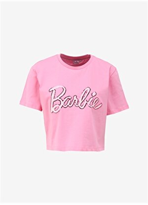 Barbie Bisiklet Yaka Baskılı Pembe Kadın T-Shirt BRB4SL-TST6059