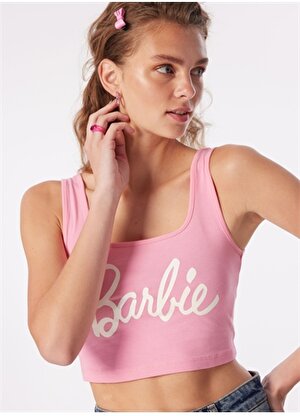 Barbie Pembe Kadın Kare Yaka Crop Baskılı Bluz BRB4SL-BLZ6065 