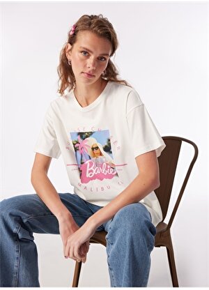 Barbie Ekru Kadın Bisiklet Yaka Relaxed Baskılı T-Shirt BRB4SL-TST6057 