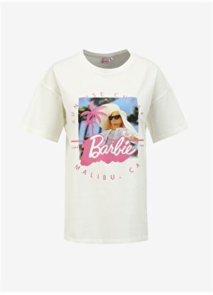 Barbie Ekru Kadın Bisiklet Yaka Relaxed Baskılı T-Shirt BRB4SL-TST6057 