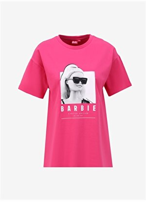 Barbie Pembe Kadın Bisiklet Yaka Loose Fit Baskılı T-Shirt BRB4SL-TST6088 