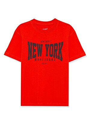 Mavi Baskılı Turuncu Erkek T-Shirt NEW YORK BASKILI TİŞÖRT Red