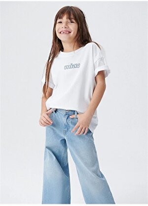Mavi Beyaz Kız Çocuk T-Shirt MIAV BASKILI TİŞÖRT White   