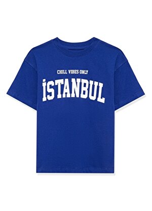 Mavi Baskılı Saks Erkek T-Shirt İSTANBUL BASKILI TİŞÖRT Blue