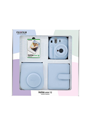 Instax mini 12 Mavi Fotoğraf Makinesi 10'lu Film Kare Albüm ve Deri Kılıf Bundle Box