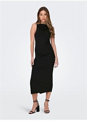 Only O Yaka Düz Siyah Standart Kadın Elbise ONLEA S/L LONG SLIT DRESS JRS NOW