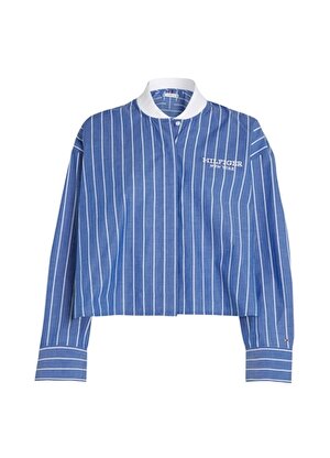 Tommy Hilfiger Normal Bomber Yaka Çizgili Mavi Kadın Gömlek BASEBALL STRIPE RIB NECK SHIRT