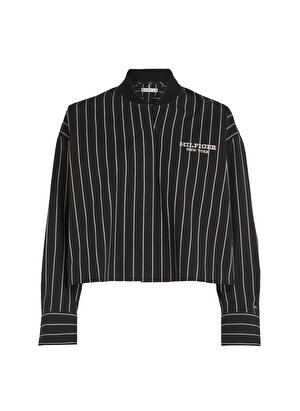 Tommy Hilfiger Normal Bomber Yaka Çizgili Siyah Kadın Gömlek BASEBALL STRIPE RIB NECK SHIRT