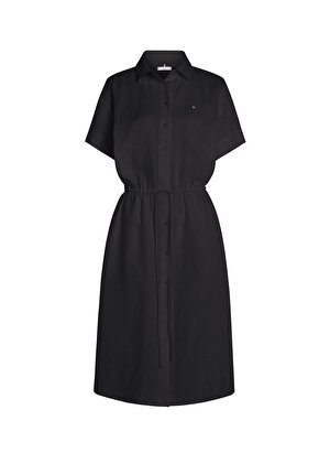 Tommy Hilfiger Gömlek Yaka Düz Siyah Midi Kadın Elbise Lınen Ss Mıdı Shırt Dress