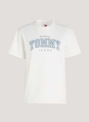 Tommy Jeans Bisiklet Yaka Düz Beyaz Kadın T-Shirt TJW RLX VARSITY LUX TEE