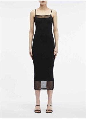 Calvin Klein Kare Yaka Düz Siyah Diz Altı Kadın Elbise SHEER & MATT SLIP DRESS
