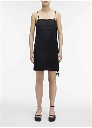 Calvin Klein Siyah Kadın Kare Yaka Kısa Keten Elbise VISCOSE LINEN MINI SLIP DRESS  