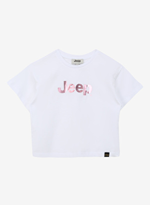 Jeep Ekru Kız Çocuk Bisiklet Yaka Crop Top Baskılı T-Shirt C4SG-TST7029