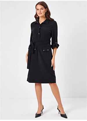 Faik Sönmez Polo Yaka Siyah Diz Altı Kadın Elbise U68301