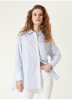 Network Geniş Fit Gömlek Yaka Mavi - Beyaz Kadın Gömlek 1091219