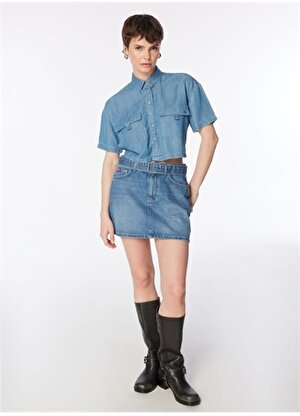 Lee Cooper Crop Klasik Yaka Düz Mavi Kadın Denim Gömlek 242 LCF 141001 CARDY DENIM