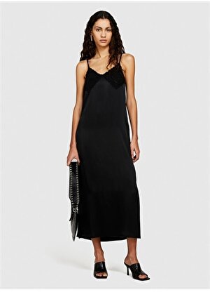 Sisley Geniş Yaka Siyah Midi Kadın Elbise 4UOSLV05T