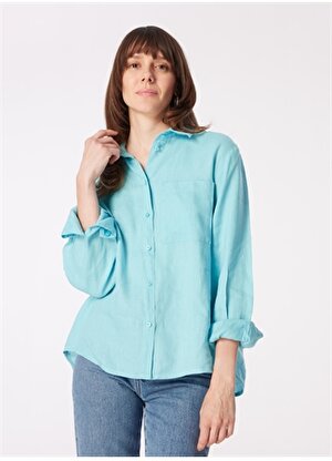 Sisley Geniş Fit Gömlek Yaka Açık Mavi Kadın Gömlek 5BMLLQ06S