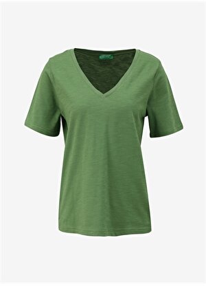 Benetton V Yaka Açık Yeşil Kadın T-Shirt 3BVXD400H