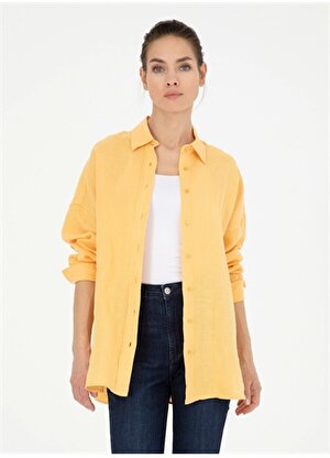 Pierre Cardin Sarı Kadın Oversized Keten Gömlek KETO   