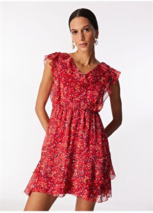 Selen V Yaka Çiçek Desenli Kırmızı Standart Kadın Elbise 24YSL7393